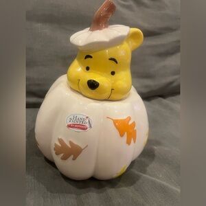 RARE Disney Winnie the Pooh White Pumpkin Cookie Jar Glass Decor Fall Leaves